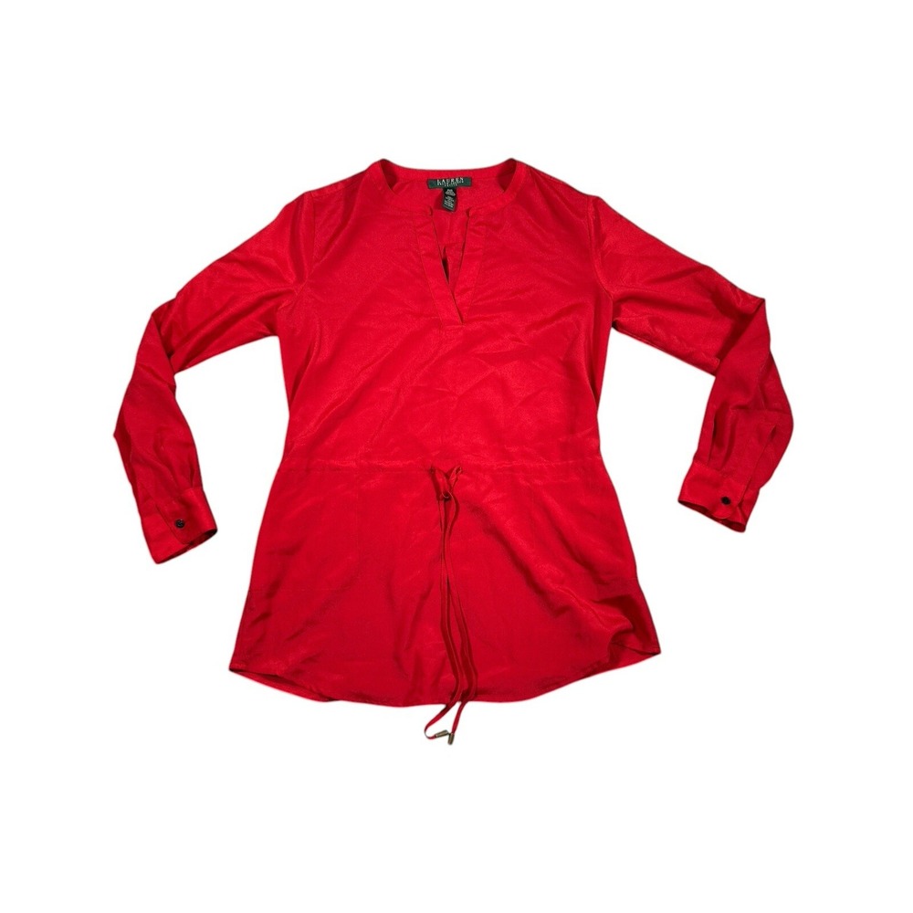 Lauren Ralph Lauren Petite Shirt Womens PXS Red Long Sleeve Drawstring V Neck